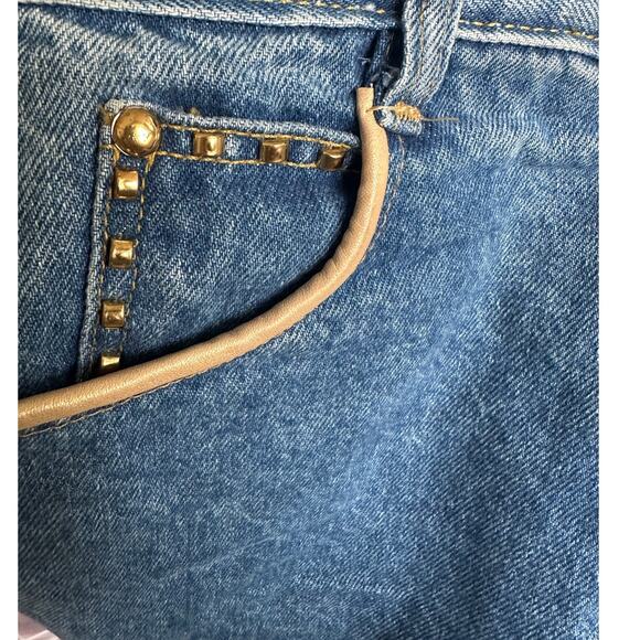 VTG 90s Y2K Cache Gold Tag Denim and Gold Leather Trim Studded Shorts Size 4 - Picture 3 of 6